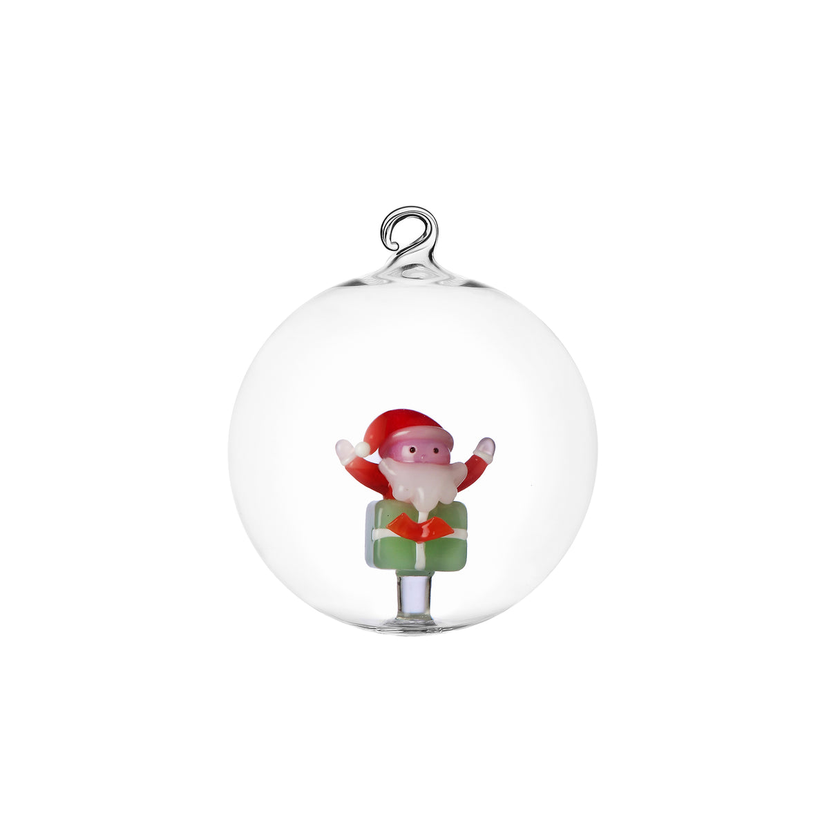 Palla di Natale Christmas Tales in vetro con Babbo Natale su pacco regalo verde Ichendorf Milano