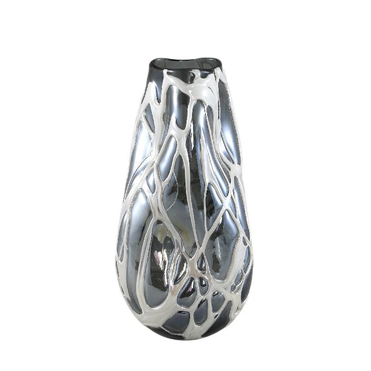Vaso Conck Grey H36 | Vaso in vetro soffiato a mano con motivo bianco a rilievo - 716344