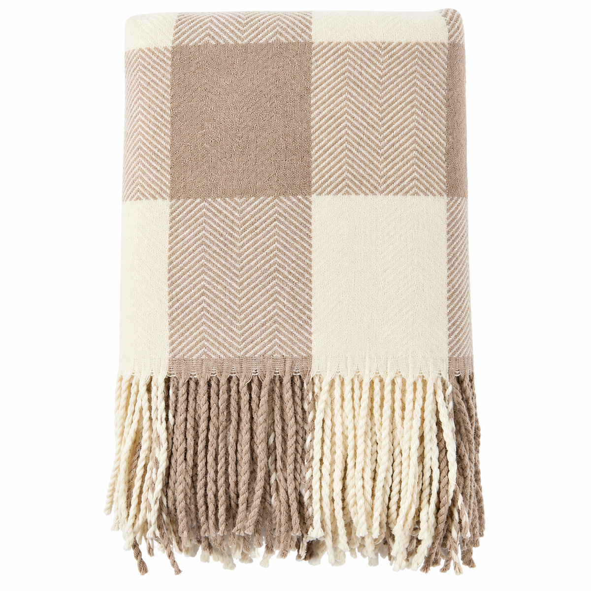 Coperta plaid Wool EDG Enzo De Gasperi 120x170 cm beige, tortora e avorio, con motivo a quadri, lavorazione a spina di pesce e frange decorative.