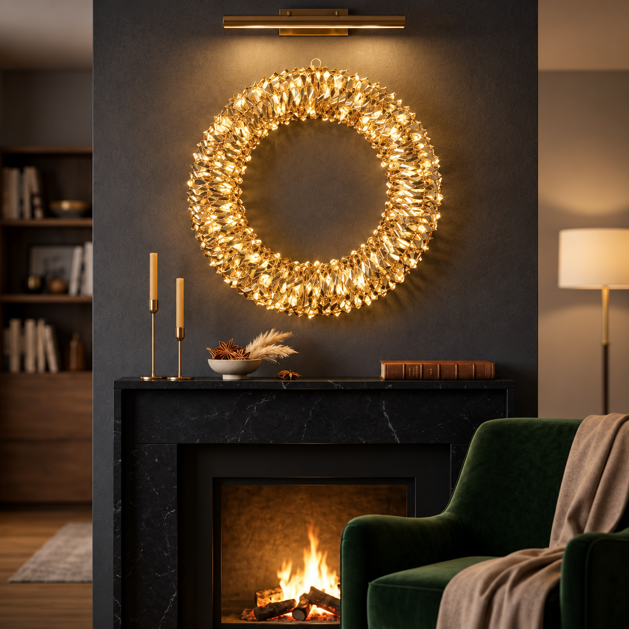 Corona luminosa natalizia D.60 cm con 720 MicroLED bianco caldo sopra il camino