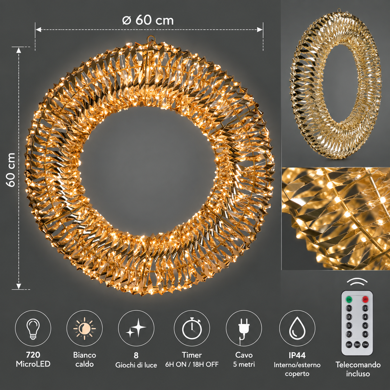 Corona luminosa D.60 cm con 720 MicroLED bianco caldo, telecomando, timer e IP44