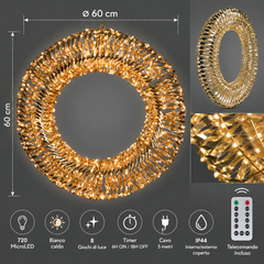 Corona luminosa D.60 cm con 720 MicroLED bianco caldo, telecomando, timer e IP44