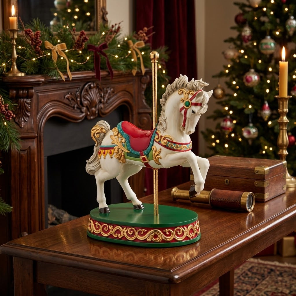 Cavallo Giostra natalizio EDG Enzo De Gasperi H 40 cm, bianco con sella rossa, dettagli verdi e dorati, ambientato.