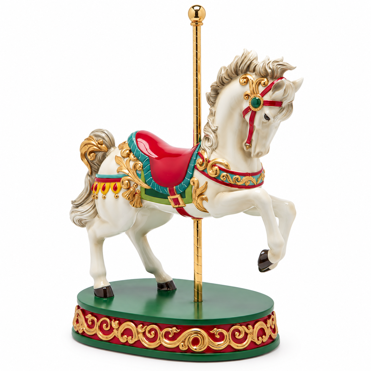 Decoro Cavallo Giostra Bianco EDG Enzo De Gasperi H 40 × L 30 × P 19 cm, decorazione natalizia con sella rossa, dettagli verdi e dorati e base ovale ornamentale.