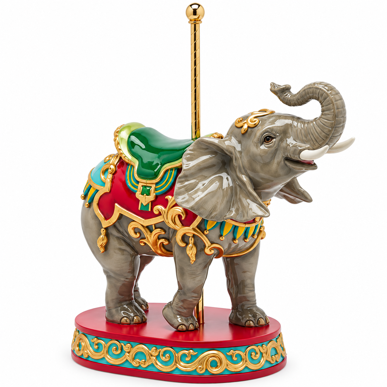 Decoro Elefante Giostra Grigio EDG Enzo De Gasperi H 44 cm, decorazione natalizia con proboscide sollevata, sella verde, dettagli dorati e base ovale rossa.