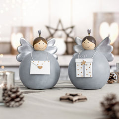 Decoro angelo in ceramica con pacco regalo in metallo e ali argentate - 1248342-P