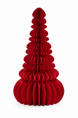 Decoro Pino Origami New Rosso EDG Enzo De Gasperi H 50 cm in carta rossa pieghettata tridimensionale, albero di Natale decorativo dal design moderno su sfondo bianco.