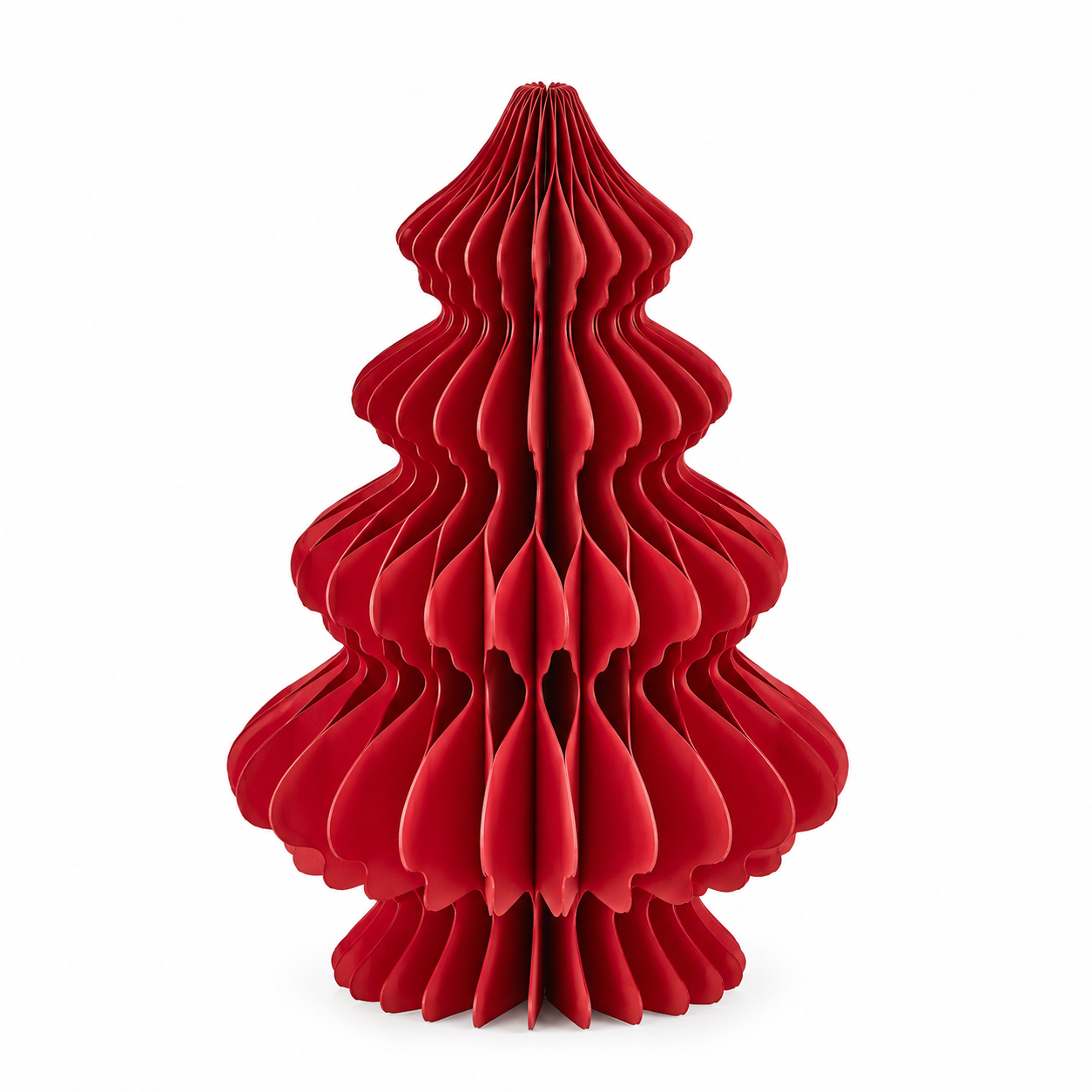 Decoro Pino Origami New Rosso EDG Enzo De Gasperi H20 × Ø13 cm in carta pieghettata tridimensionale, albero di Natale stilizzato dal design contemporaneo.