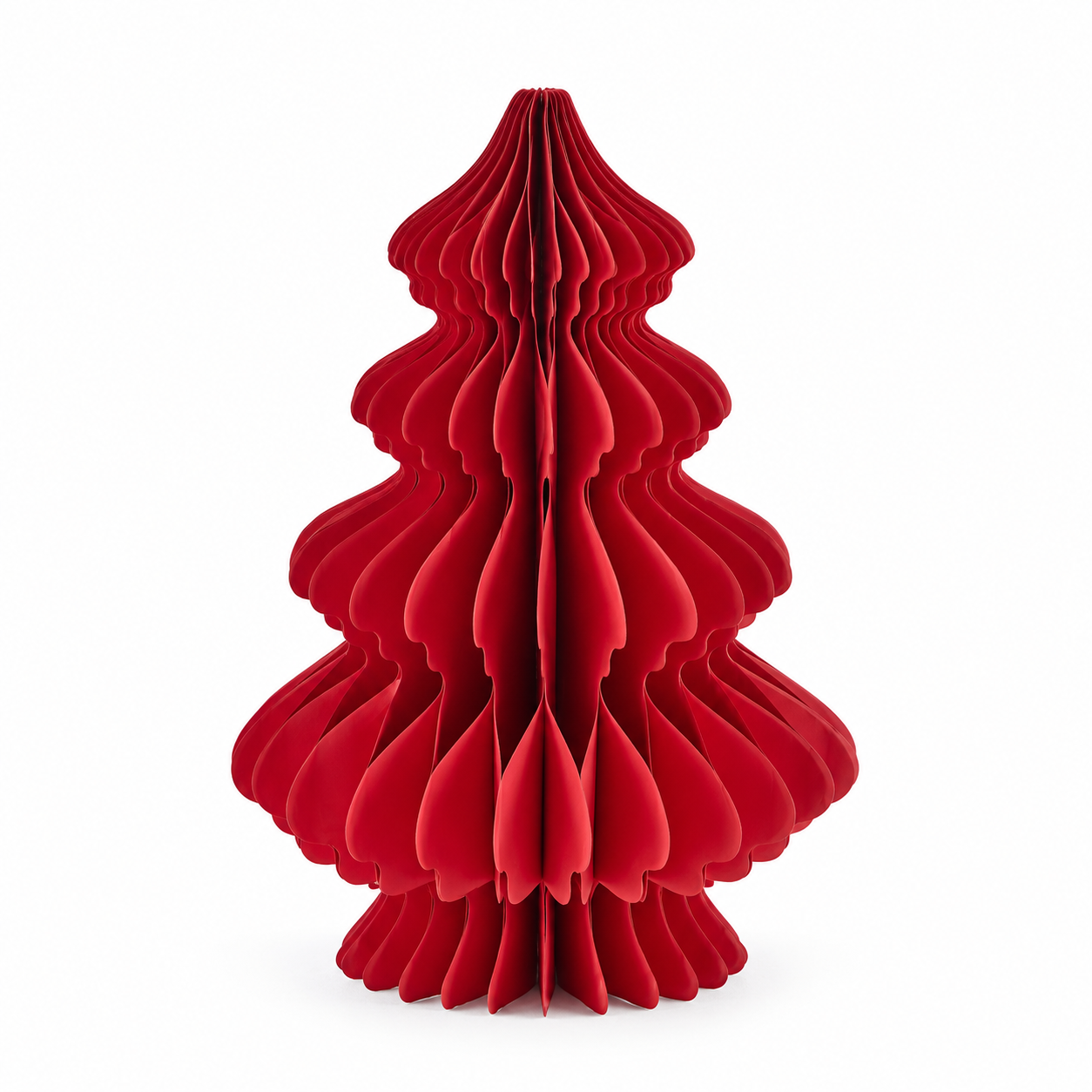 Decoro Pino Origami New Rosso EDG Enzo De Gasperi H 40 × Ø 26 cm in carta pieghettata tridimensionale, albero di Natale stilizzato rosso su sfondo bianco.