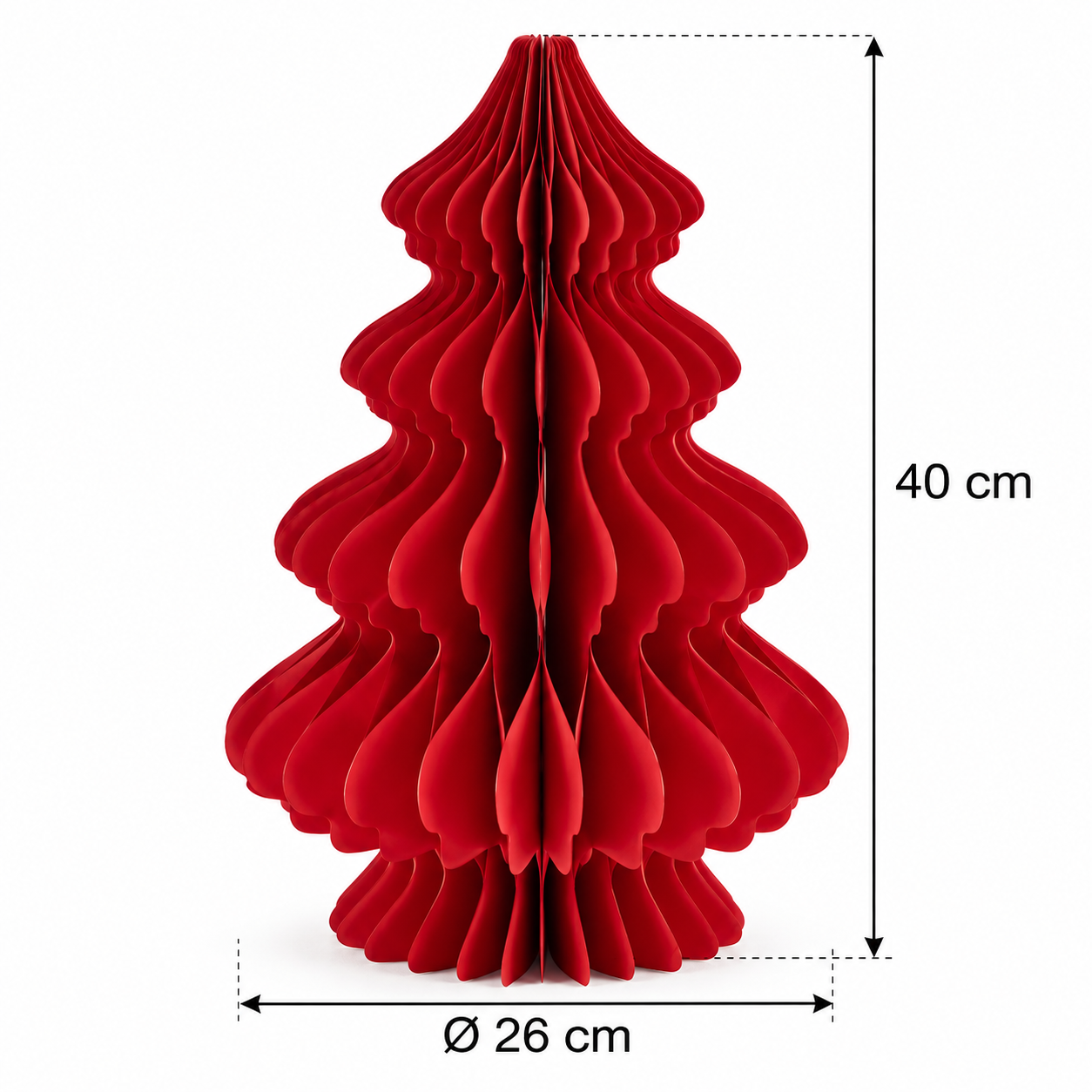 Decoro Pino Origami New Rosso EDG Enzo De Gasperi in carta pieghettata effetto origami, con indicazione delle dimensioni H 40 cm e Ø 26 cm, su sfondo bianco.