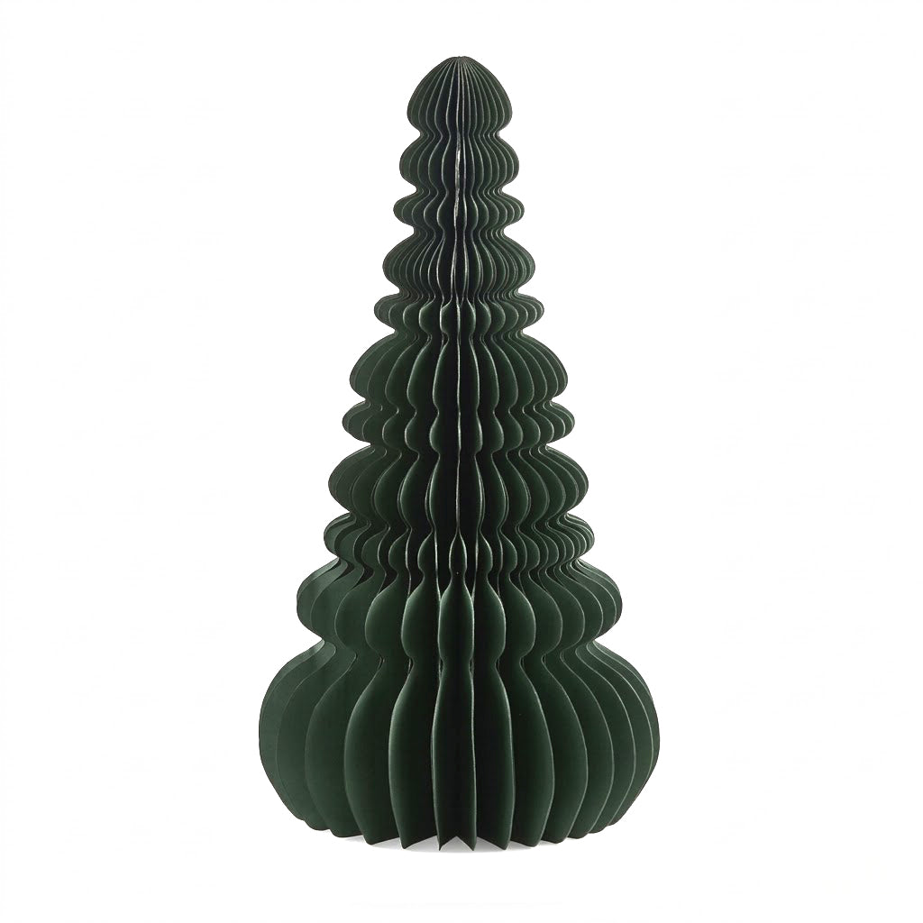Decoro Pino Origami New Verde EDG Enzo De Gasperi H 70 cm in carta pieghettata tridimensionale, albero di Natale decorativo dal design moderno su sfondo bianco.