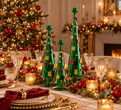 Centrotavola natalizio elegante con tre Decori Super Gemme Cono Verde EDG Enzo De Gasperi H 34, 45 e 61 cm, in vetro verde lucido con gemme multicolore, ambientati su una grande tavola di Natale raffinata con candele e decorazioni rosse e oro.