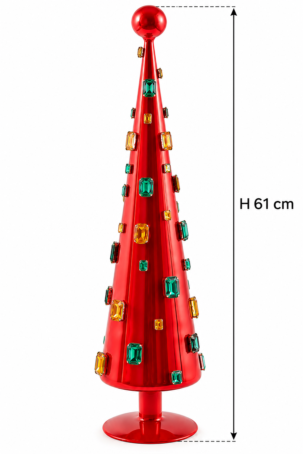 Albero di Natale stilizzato Super Gemme Cono Rosso EDG in vetro con gemme multicolor, altezza 61 cm, con indicazione della misura.