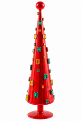 Decoro Super Gemme Cono Rosso H 61 cm EDG Enzo De Gasperi in vetro rosso lucido con gemme sfaccettate verdi e ambra/oro su base rialzata.