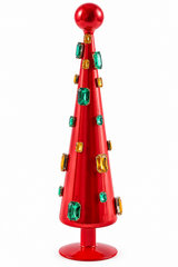 Decoro Super Gemme Cono Rosso EDG Enzo De Gasperi H 34 cm in vetro lucido, con gemme sfaccettate verdi e ambra, puntale a sfera e base rialzata.