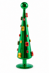 Decoro Super Gemme Cono Verde H 34 cm EDG Enzo De Gasperi, albero di Natale stilizzato in vetro verde lucido con gemme multicolor.
