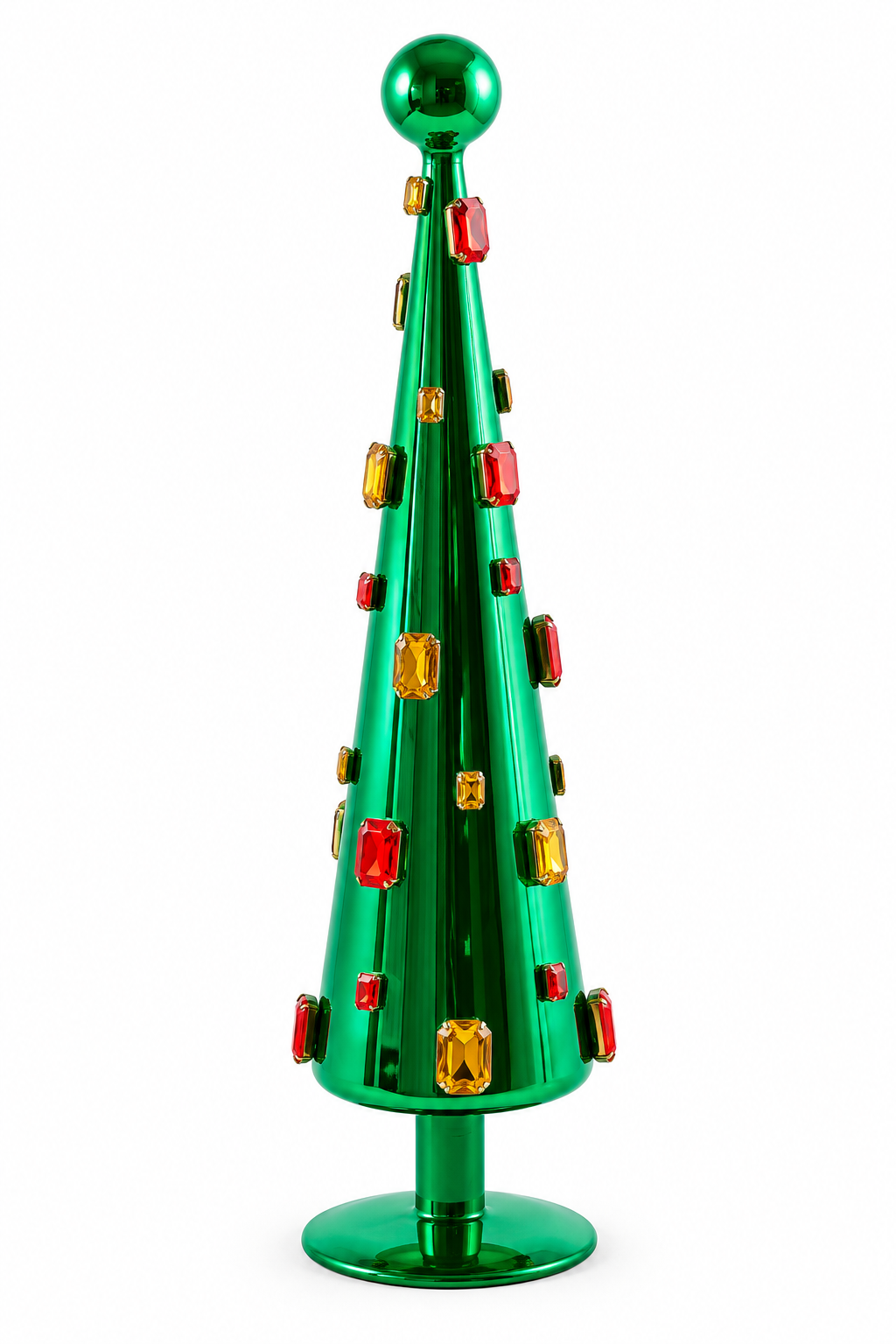 Decoro Super Gemme Cono Verde EDG Enzo De Gasperi in vetro lucido con gemme multicolore, altezza 45 cm e base rialzata.