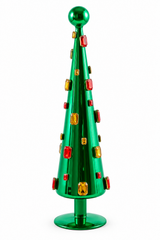 Decoro Super Gemme Cono Verde EDG Enzo De Gasperi in vetro lucido con gemme multicolore, altezza 45 cm e base rialzata.
