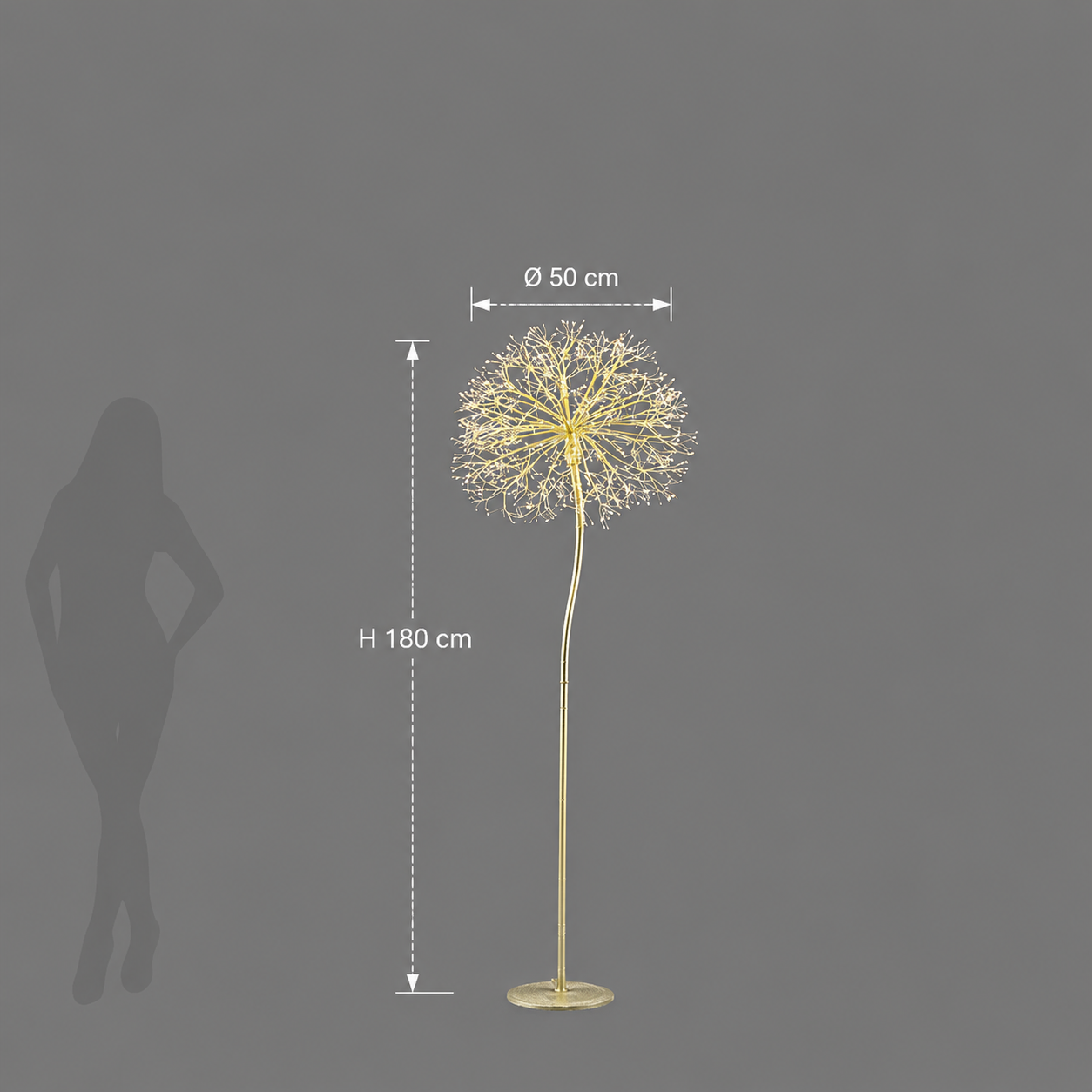 Decoro Tarassaco Rich Oro EDG Enzo De Gasperi dimensioni H 180 cm Ø 50 cm con 912 MicroLED a luce calda
