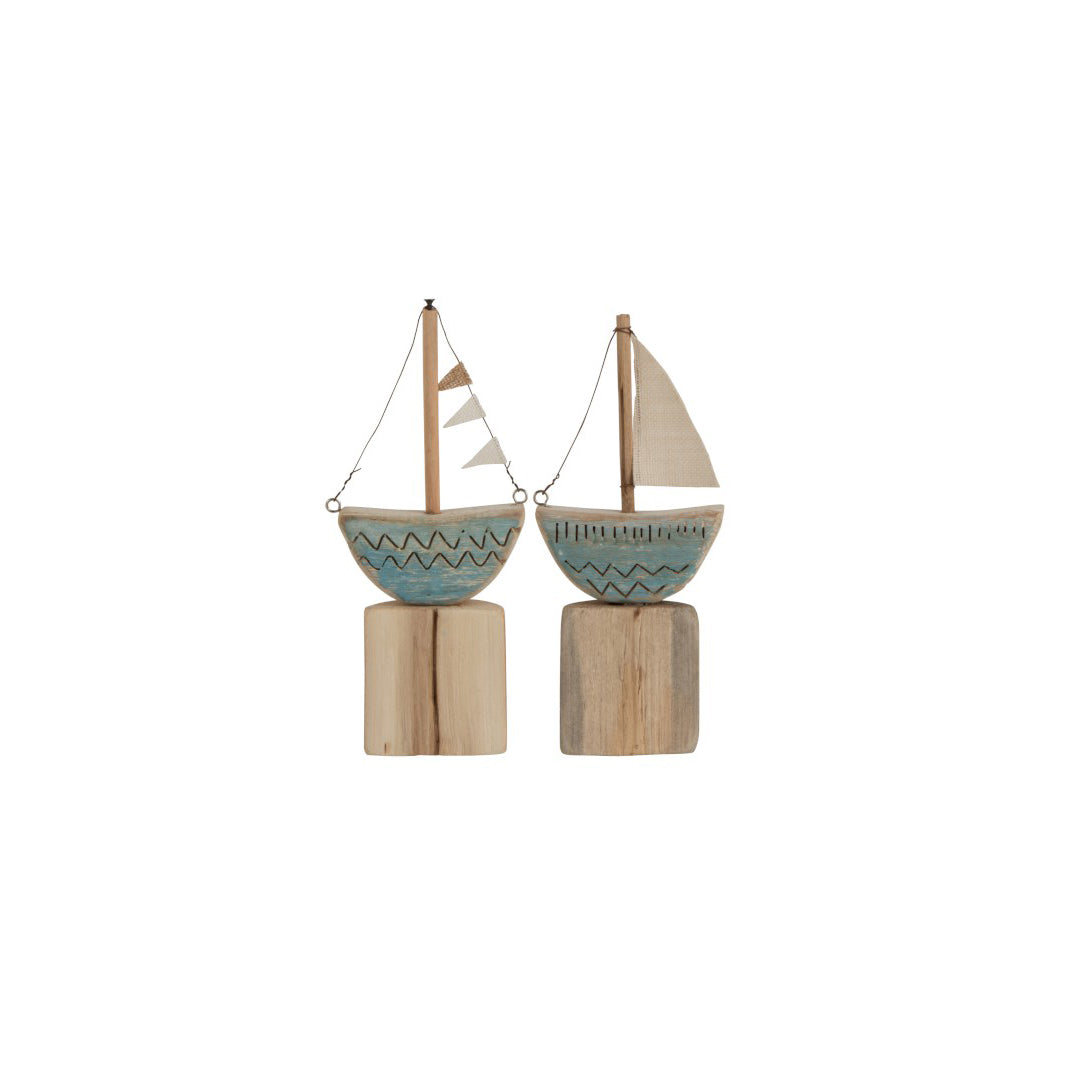 Set decoro barca su piede in legno naturale di colore blu CM 13X4,5XH30 - 2587