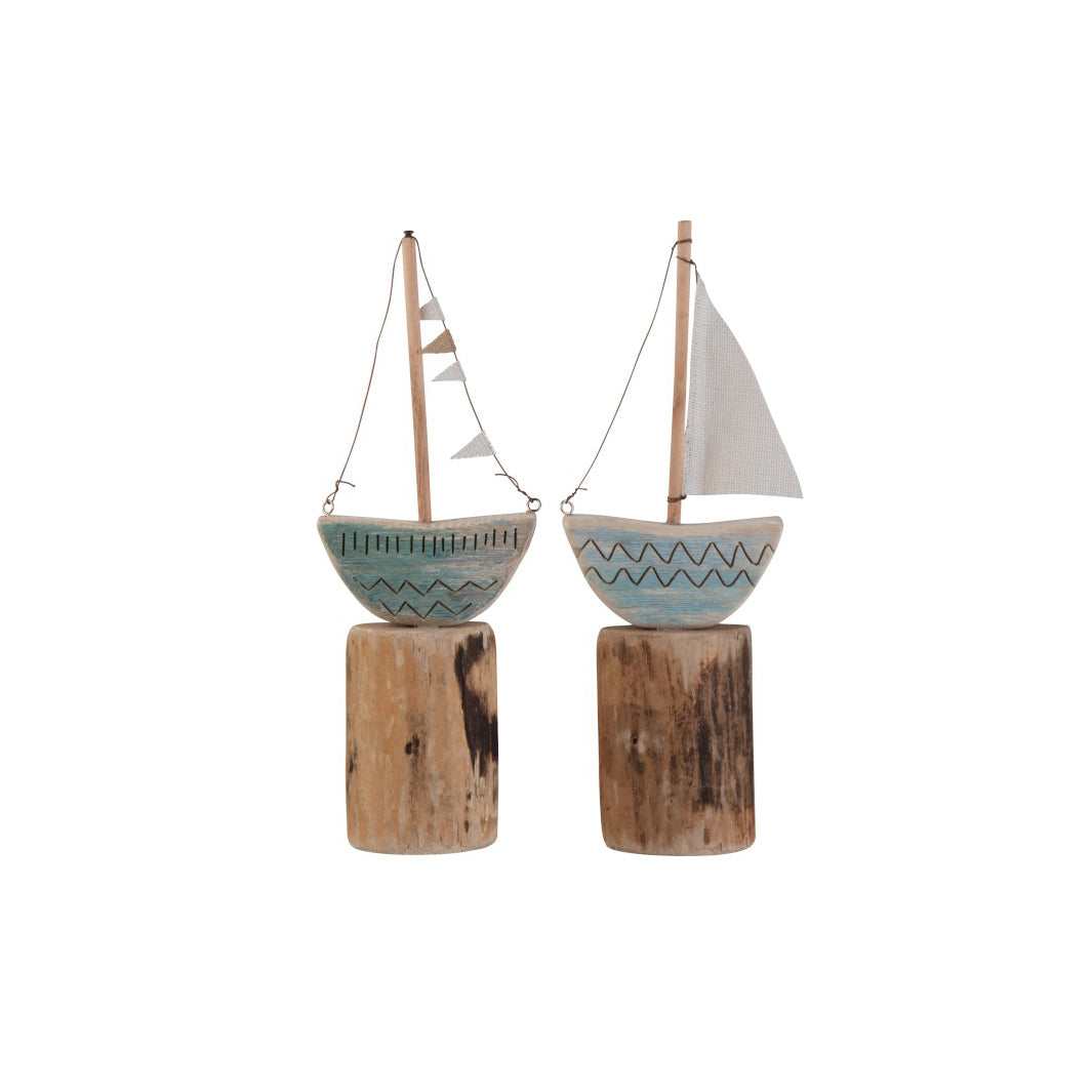Set decoro barca su piede in legno naturale di colore blu CM16X5XH45,5 - 2588