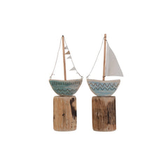 Set decoro barca su piede in legno naturale di colore blu CM16X5XH45,5 - 2588
