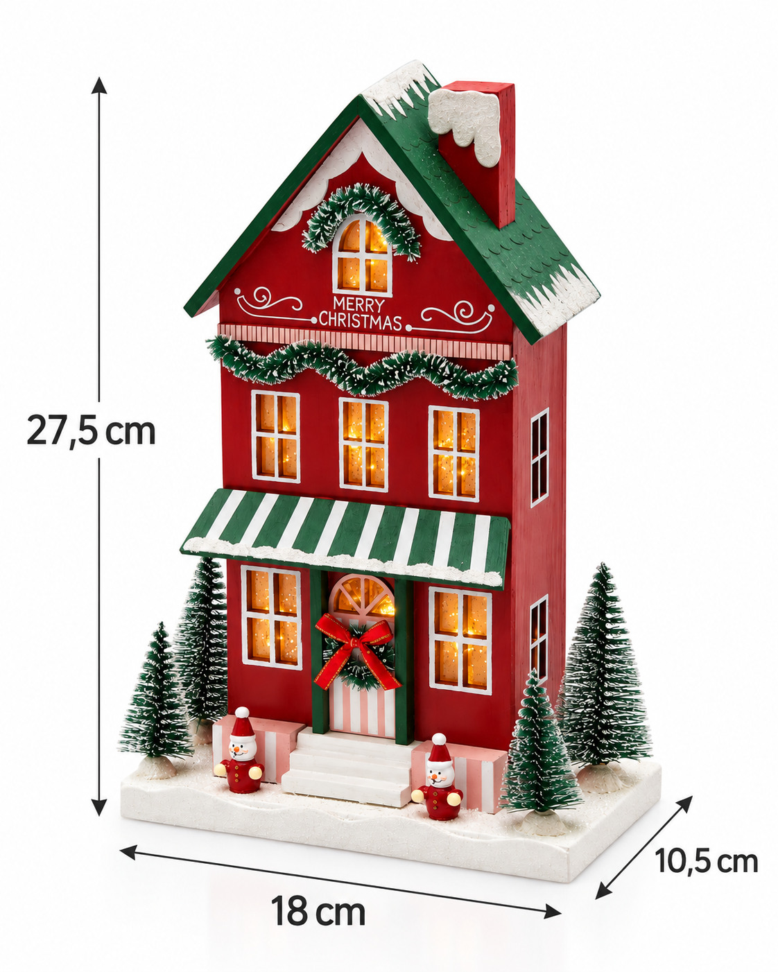 Diorama Casetta Natalizia LED in legno EDG Enzo De Gasperi Exclusive, con dimensioni H 27,5 × L 18 × P 10,5 cm, finestre illuminate e decorazioni natalizie innevate.