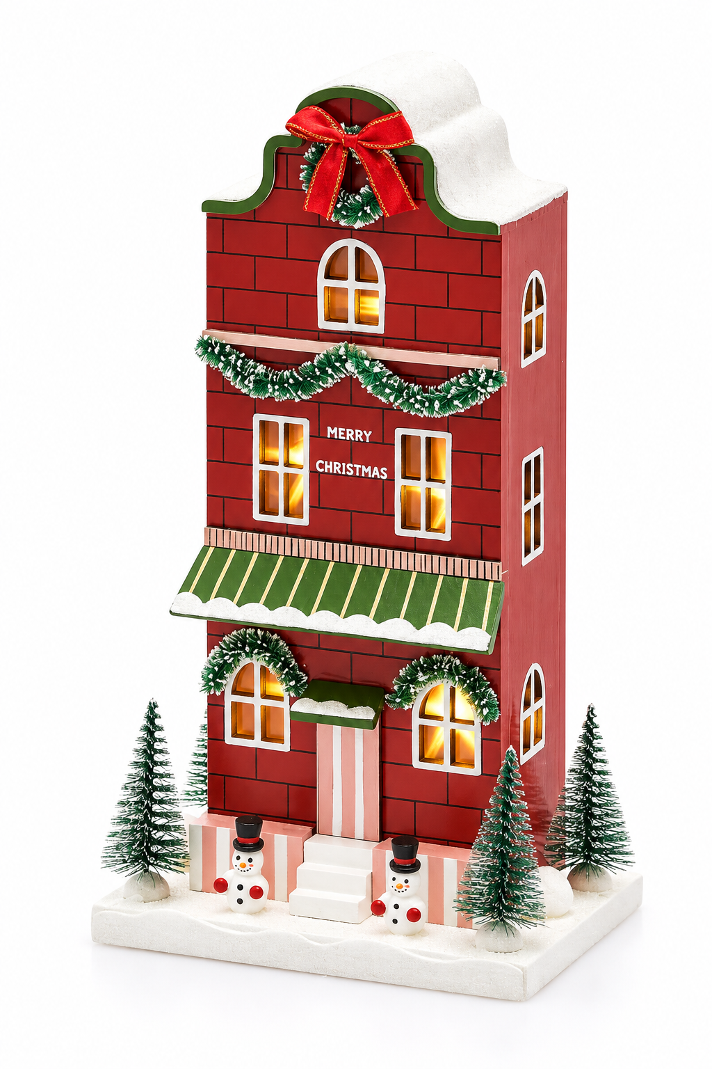 Diorama casetta natalizia LED in legno EDG Exclusive H27,5 cm, casetta rossa a più piani con finestre illuminate, pupazzi di neve e abeti innevati.
