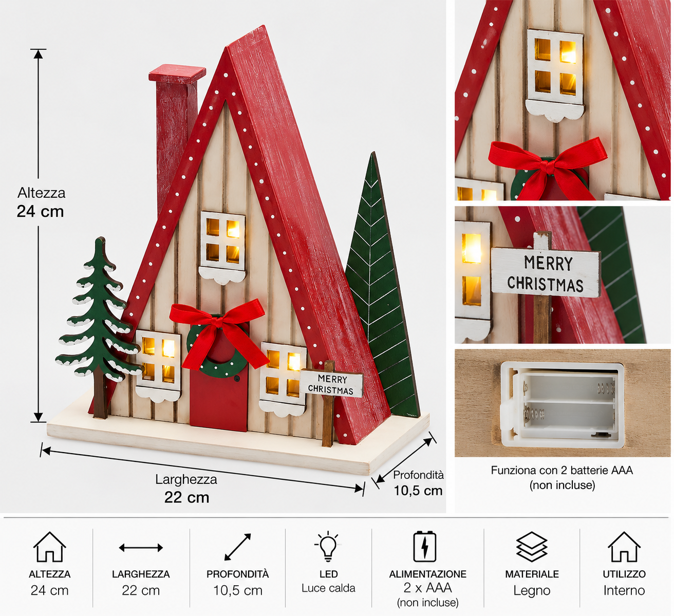 Diorama natalizio LED EDG Exclusive in legno con tetto rosso e finestre illuminate, altezza 24 cm, larghezza 22 cm e profondità 10,5 cm, con specifiche indicate.