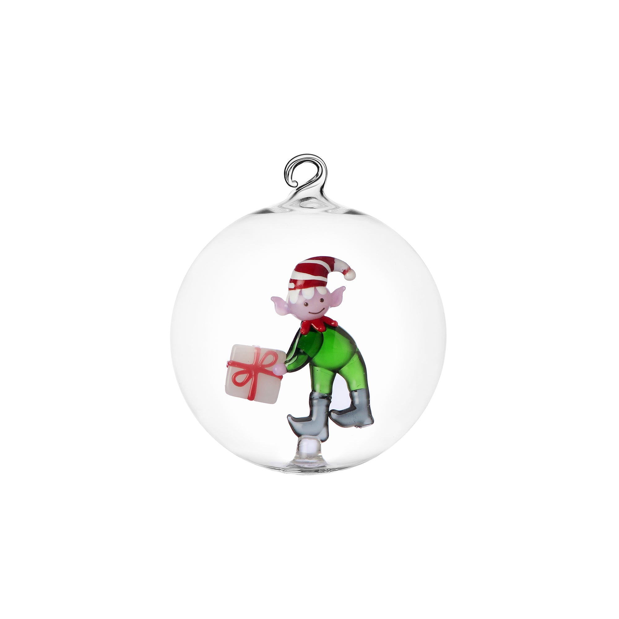 Palla di Natale in vetro con elfo verde e pacco regalo Christmas Tales Ichendorf Milano