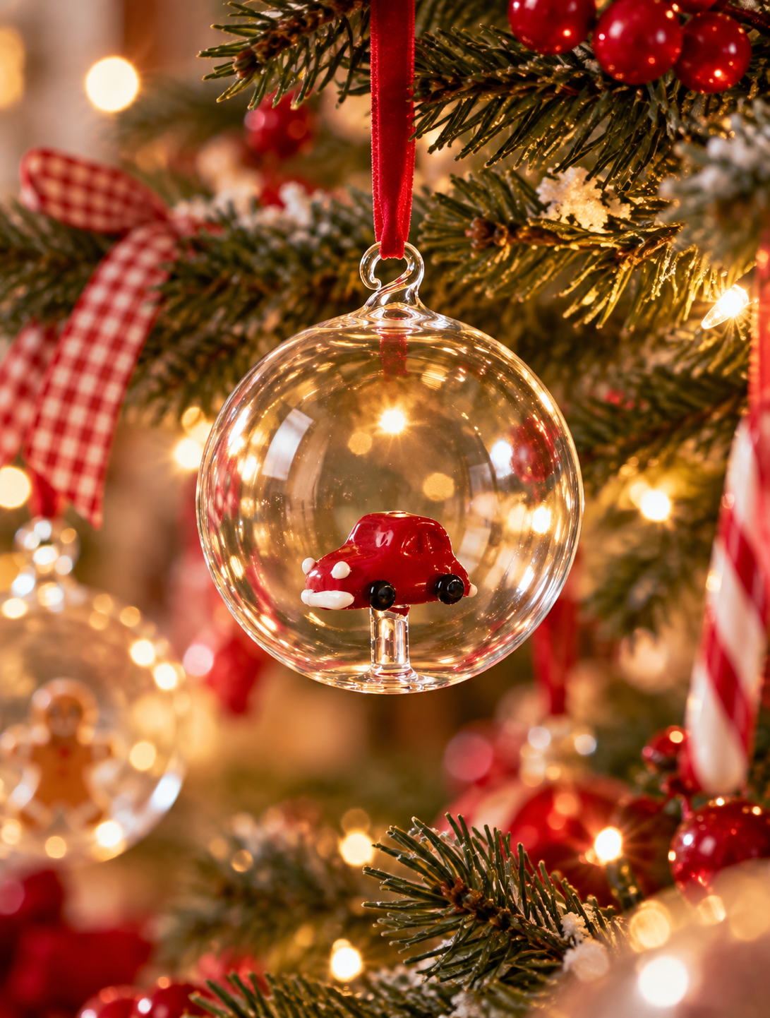 Palla di Natale Ichendorf Milano Sweet & Candy con macchina rossa in vetro, Ø 8 cm ambientata