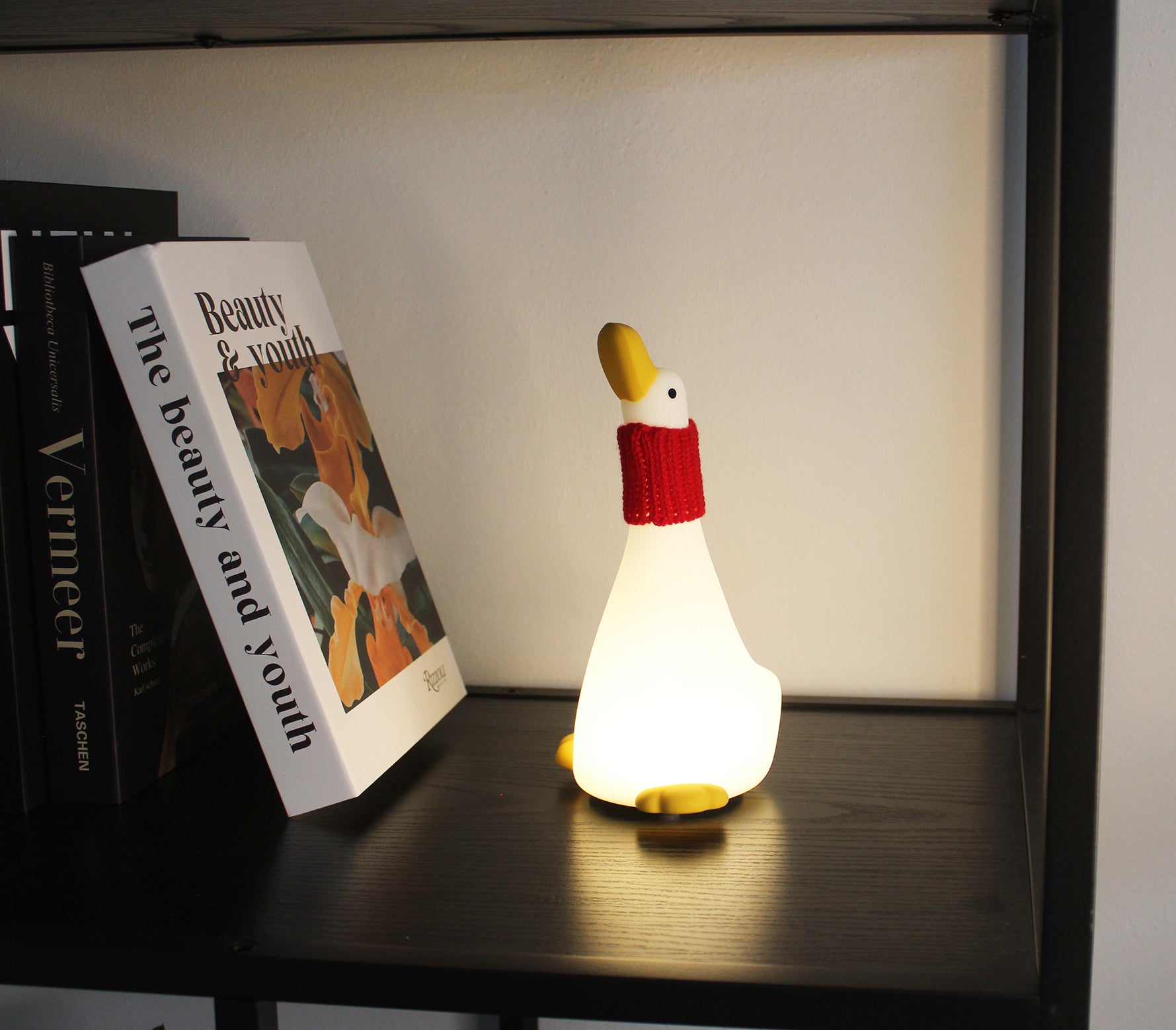 Lampada da notte Winkee Goose Snuggle oca illuminata su mensola