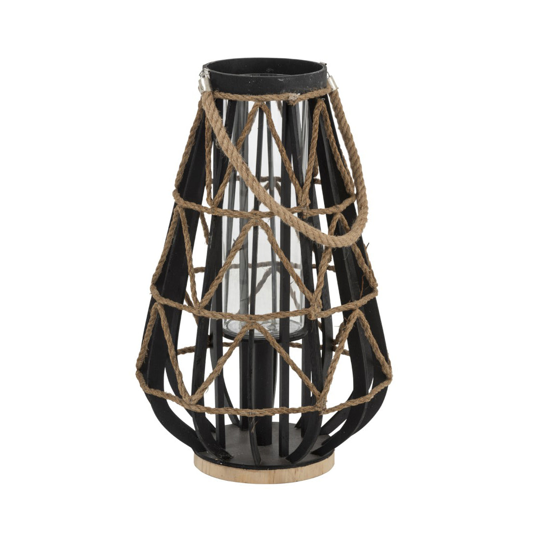Lanterna in Legno nero con intreccio di corde H56 : lanterne e portacandele in legno - 92292
