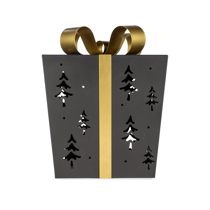 Lanterna LED a forma di pacco regalo in metallo nero con fiocco e nastro oro 23×23×30 cm