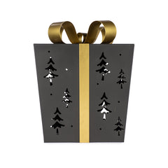 Lanterna LED a forma di pacco regalo in metallo nero con fiocco e nastro oro 23×23×30 cm