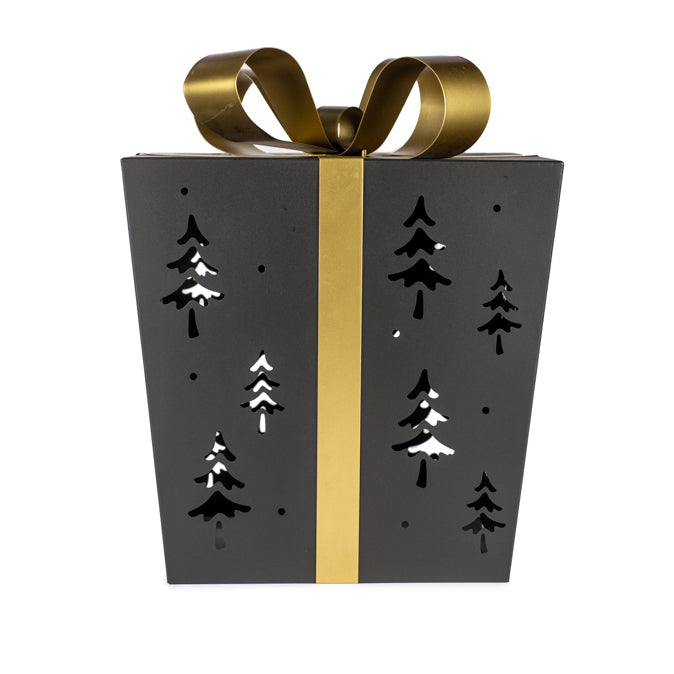 Lanterna LED a forma di pacco regalo in metallo nero con fiocco e nastro oro 30×30×30 cm