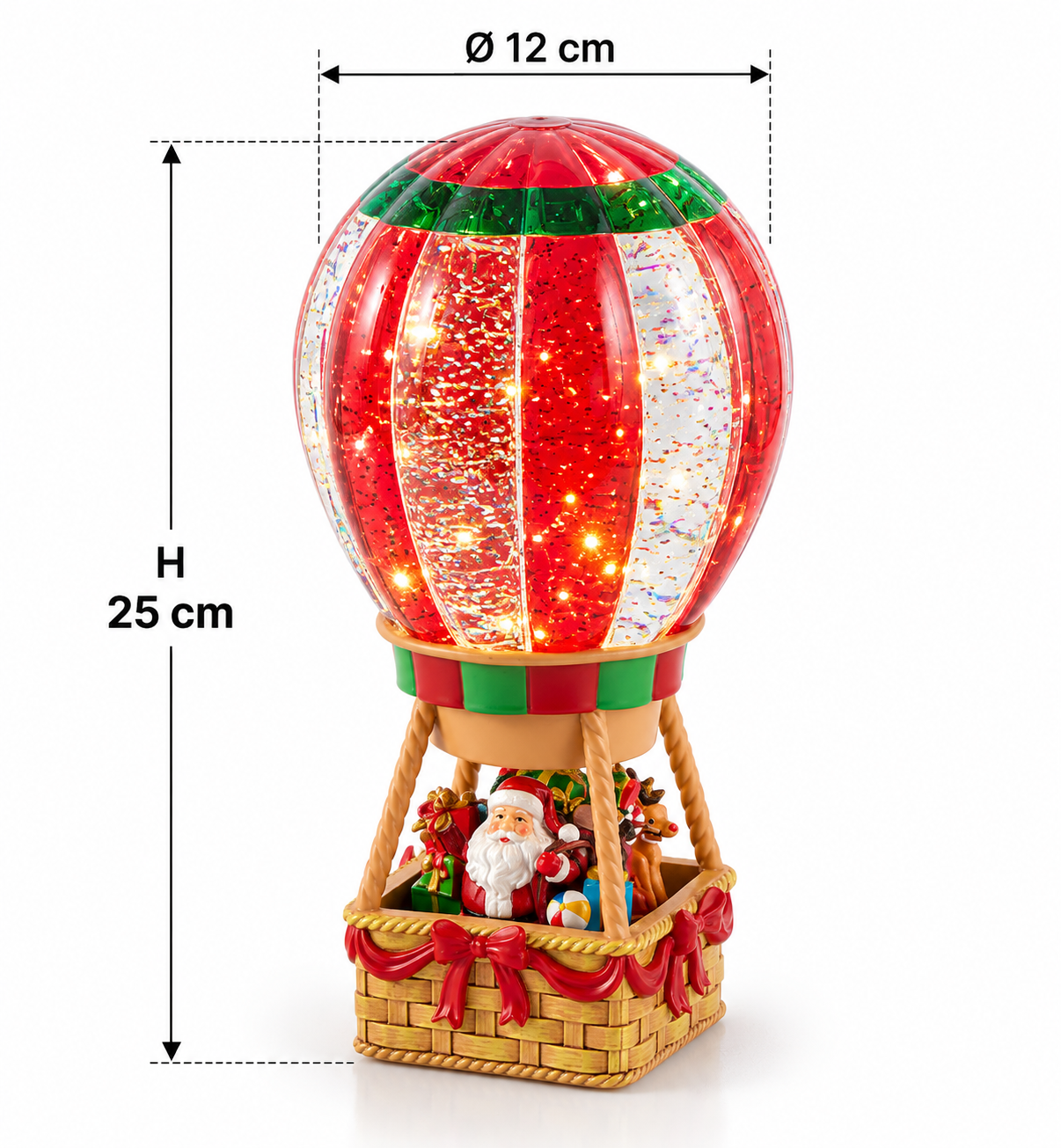 Mongolfiera natalizia EDG con Babbo Natale e regali, illuminazione LED, musica e movimento, altezza 25 cm e diametro 12 cm.