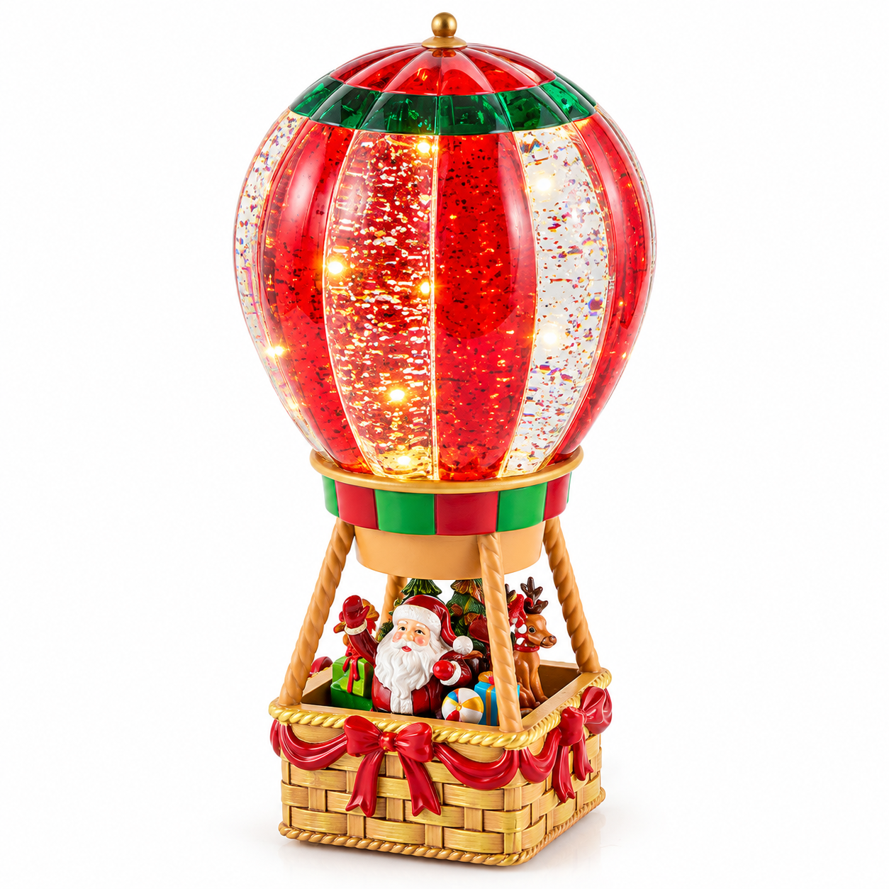 Mongolfiera natalizia EDG Enzo De Gasperi H25 cm con pallone rosso verde e trasparente, effetto glitter, Babbo Natale nella cesta, musica, movimento e LED.