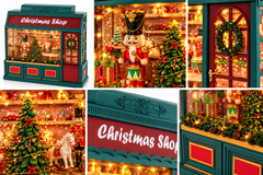 Dettagli ravvicinati del Negozio Natalizio Christmas Shop EDG Enzo De Gasperi con soldatino, albero di Natale, cavallino, ghirlanda sulla porta, vetrina illuminata a LED e decorazioni natalizie.