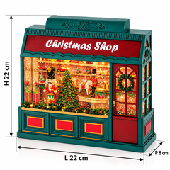 Negozio Natalizio Christmas Shop EDG con musica, movimento e illuminazione LED, dimensioni altezza 22 cm, larghezza 22 cm e profondità 8 cm.