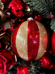 Palla Vetro Righe Glitter Rosse e Oro D12 - 682966