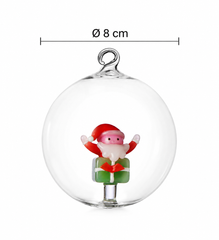 Palla di Natale Christmas Tales in vetro con Babbo Natale su pacco regalo verde Ichendorf Milano misure
