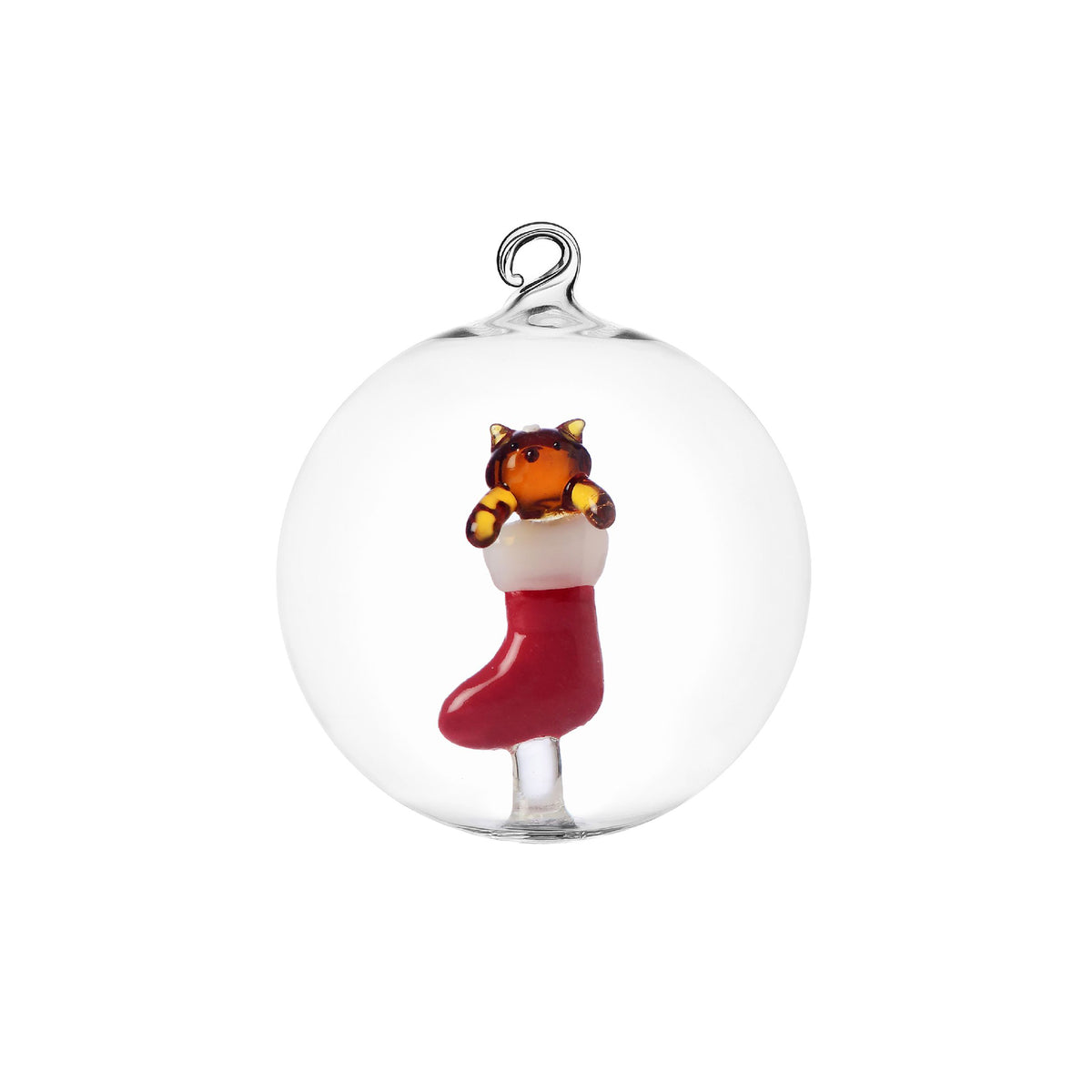 Palla di Natale Tabby Cat Ichendorf Milano con gatto nella calza rossa in vetro