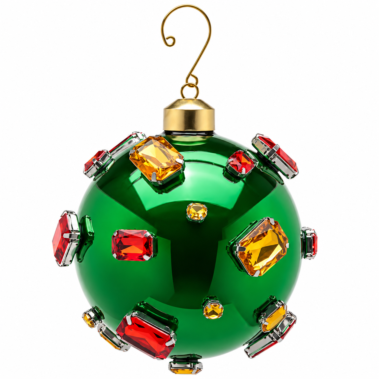 Palla di Natale Super Gemme Verde Ø 10 cm in vetro con gemme rosse oro e ambra – EDG Enzo De Gasperi