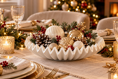 Piatto decorativo Raggiera bianco Ø 36,5 cm di EDG Enzo De Gasperi utilizzato come centrotavola natalizio su tavola elegante, con palline oro e avorio, pigne, bacche rosse e rami di abete.
