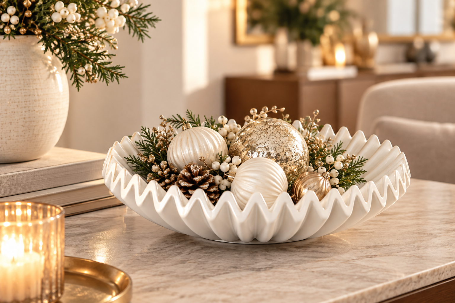 Piatto decorativo Raggiera bianco Ø 29 cm di EDG Enzo De Gasperi ambientato come centrotavola natalizio elegante, con palline oro e avorio, pigne, bacche bianche e rami di abete su tavolo in marmo.