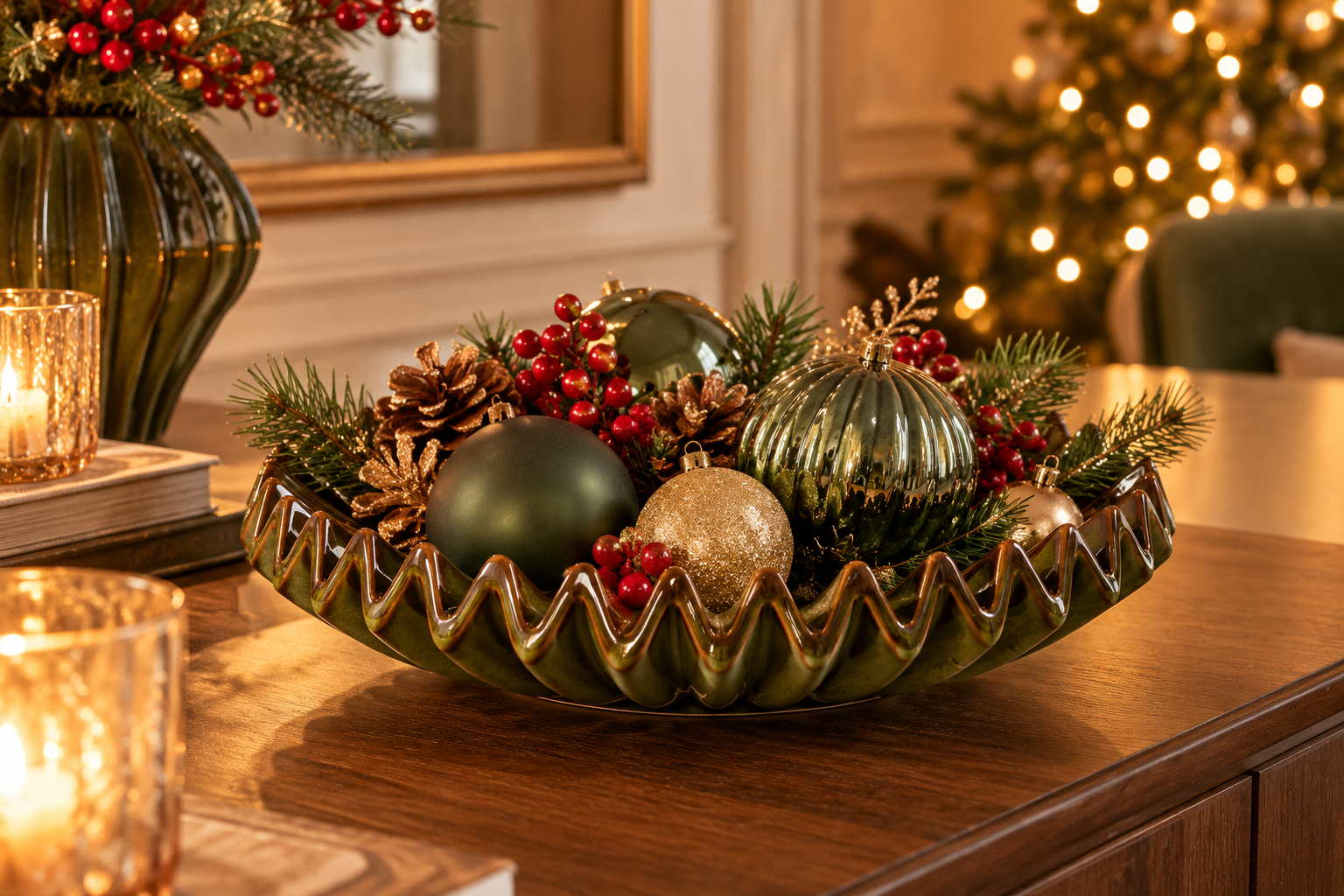 Piatto decorativo Raggiera verde Ø 29 cm di EDG Enzo De Gasperi utilizzato come centrotavola natalizio con palline verdi e oro, pigne, bacche rosse e rami di abete su mobile in legno.