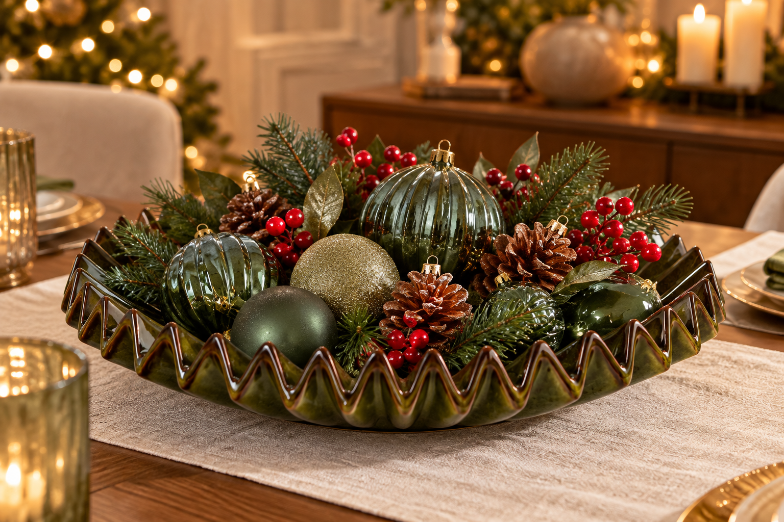 Piatto decorativo Raggiera verde in ceramica Ø 36,5 cm di EDG Enzo De Gasperi, ambientato come centrotavola natalizio con palline verdi e oro, pigne, bacche rosse e rami di abete su tavola elegante.