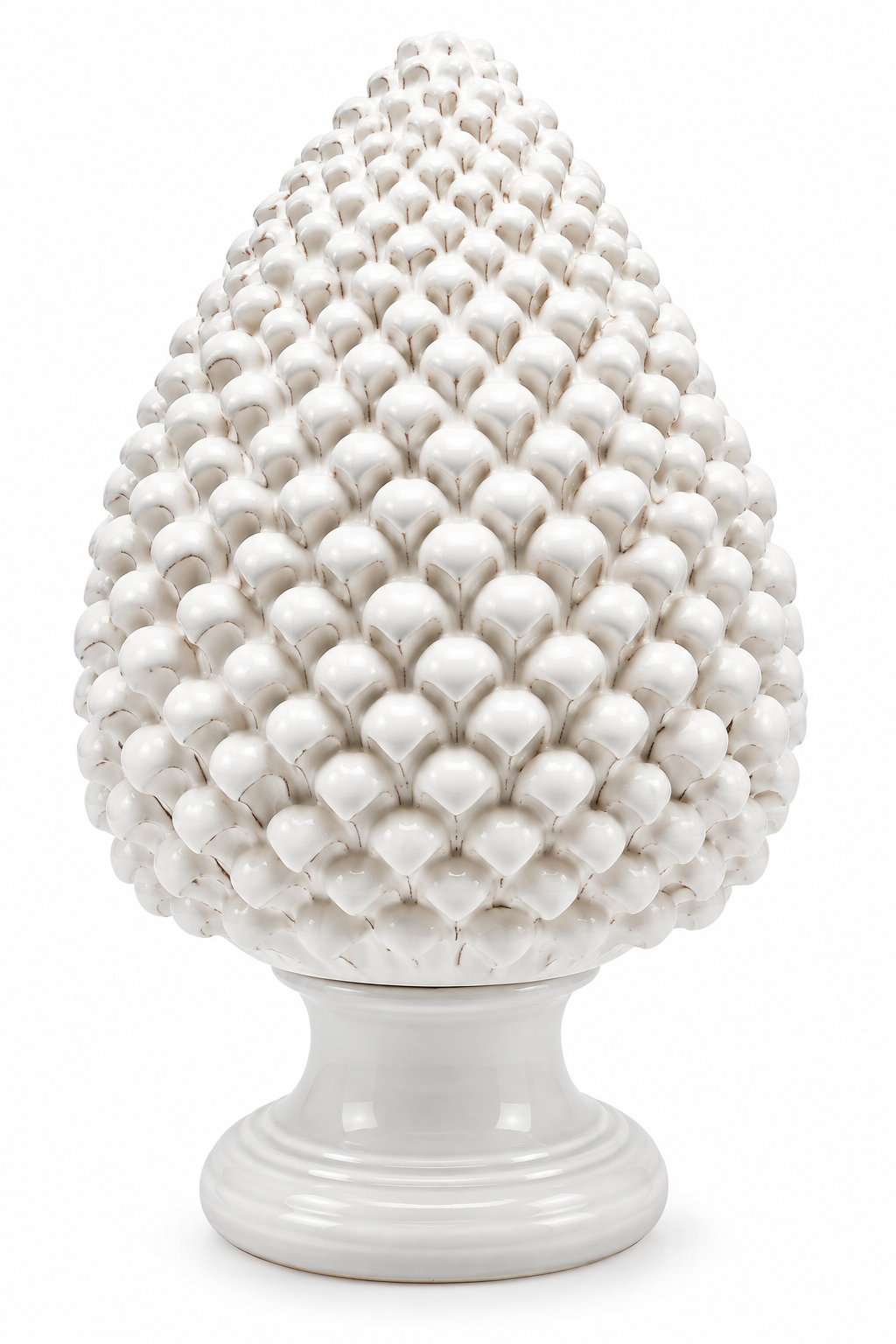 Pigna decorativa in ceramica bianca EDG Enzo De Gasperi H40 Ø24 cm, soprammobile ornamentale con lavorazione tridimensionale e base a piedistallo su sfondo bianco.
