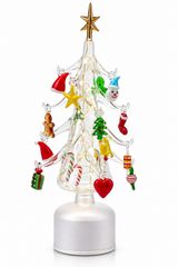 Pino Twist natalizio EDG Enzo De Gasperi H36 cm in vetro trasparente con piccoli decori multicolor, illuminazione LED e movimento